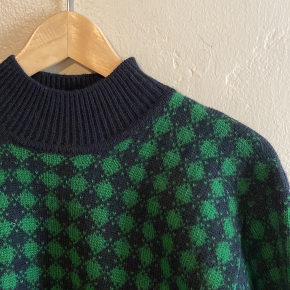 Jones New York 100% Wool Pullover Green Navy Checked Mock Turtleneck Sweater Sm - Picture 2 of 5